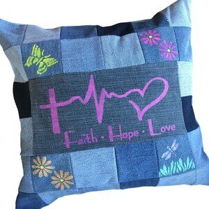 Patchwork Pillow Cover 18 x 18, Hand Painted Christian Faith Inspirational Decor